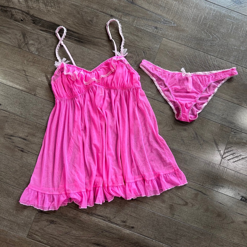 Y2K LNWOT Victoria's Secret Pink Babydoll Chemise & Panty Set Sheer Ruffle Sz L